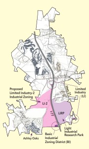 This map of the Town of Blythewood depicts the areas that have been or are currently being zoned for industry. The Planning Commission has recommended that height requirements in these districts be allowed up to 100 feet.