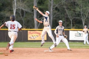 Westwood’s Rashawn Green (15) races down to second as Blythewood’s Barrette Grant takes the throw down from home and Justin Greider backs up. (Photo/Kristy Kimball Massey)