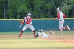 Blythewood’s Jacob Davis (9) slides into second Tuesday under the tag of Westwood’s T.J. White. (Photo/Kristy Kimball Massey)